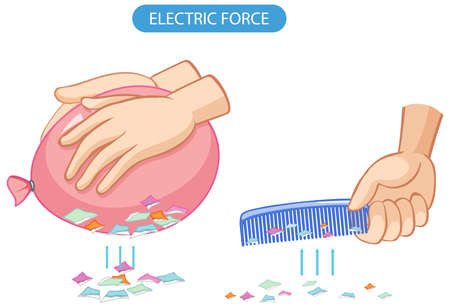 static electricity experiment with balloon comb and papers illustrationのイラスト素材