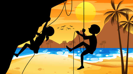 Silhouette rock climbing background illustrationのイラスト素材