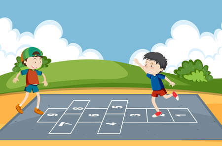 Children playing hopscotch game at the park illustrationのイラスト素材