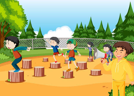 Kids playing red light green light game illustrationのイラスト素材
