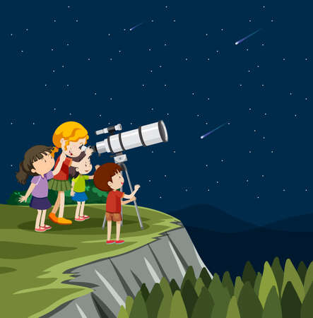 Astronomy theme with children looking at stars illustrationのイラスト素材
