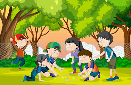 Outdoor park with children playing marbles illustrationのイラスト素材