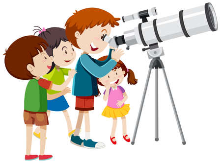 Children looking through telescope illustrationのイラスト素材