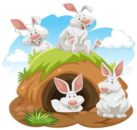 Group of rabbits with burrow illustrationのイラスト素材