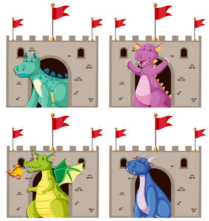 Set of different cute dragon cartoon character illustrationのイラスト素材