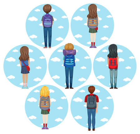 Different backpacker simple characters set illustrationのイラスト素材