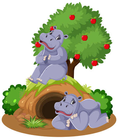 Two hippopotamus with burrow illustrationのイラスト素材