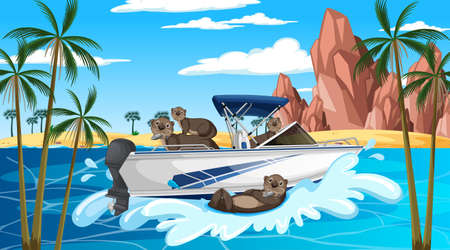 Ocean scene with group of otters on speedboat illustrationのイラスト素材