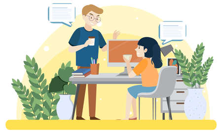 Man and woman working on computer illustrationのイラスト素材