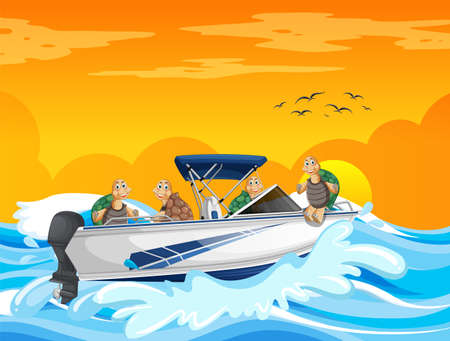 Ocean scene with group of tortoises on speedboat illustrationのイラスト素材
