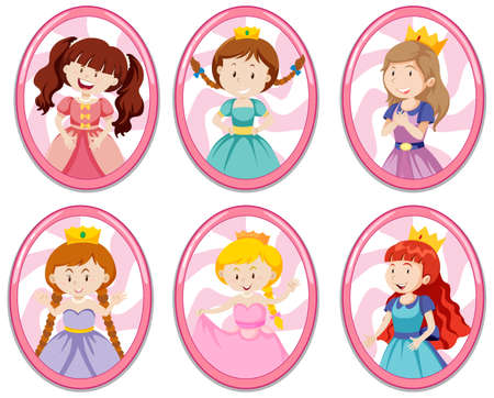 Set of different cute princess cartoon character illustrationのイラスト素材