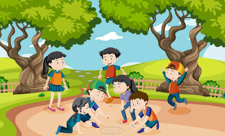 Outdoor park with children playing marbles illustrationのイラスト素材