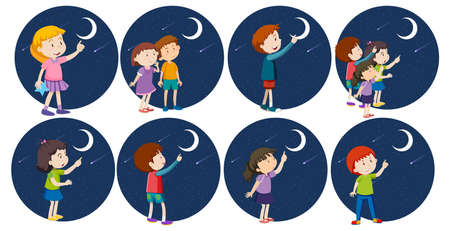 Set of different kids looking at the moon illustrationのイラスト素材