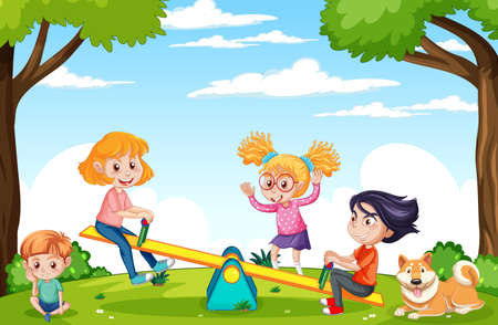 Happy children playing at playground illustrationのイラスト素材