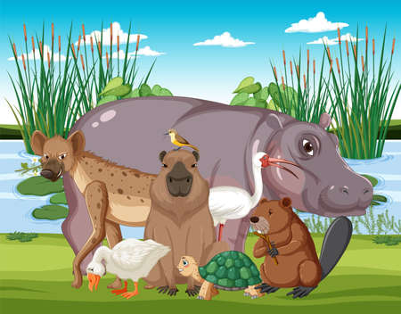 Forest scene with wild animals illustrationのイラスト素材