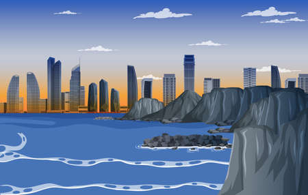 Beach city at dawn background illustrationのイラスト素材