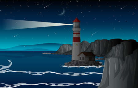 Lighthouse on the coast at night illustrationのイラスト素材