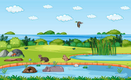 Scene with wild animals in the forest illustrationのイラスト素材