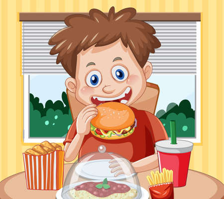 A boy eating junk food at the table illustrationのイラスト素材