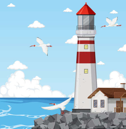 Lighthouse on the coast scene illustrationのイラスト素材
