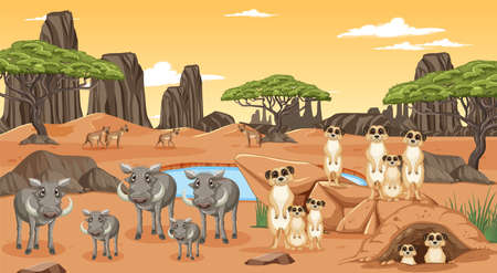 Dryland forest landscape with animals illustrationのイラスト素材