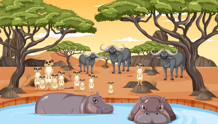 Dryland forest landscape with animals illustrationのイラスト素材