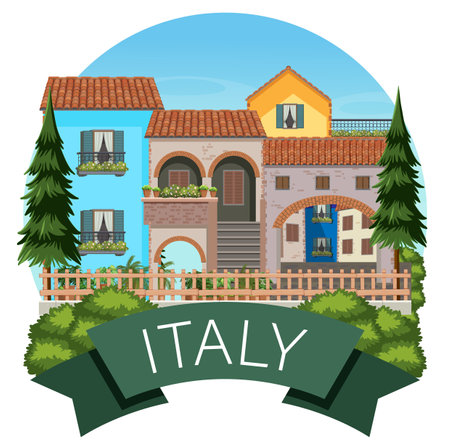 Italy banner label with house buildings illustrationのイラスト素材