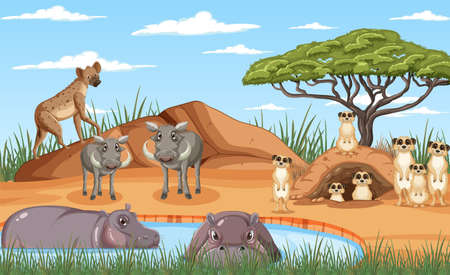 Dryland forest landscape with animals illustrationのイラスト素材