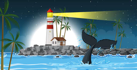 Lighthouse sea coast at night background illustrationのイラスト素材