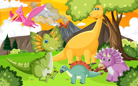 Cute dinosaur group in forest illustrationのイラスト素材