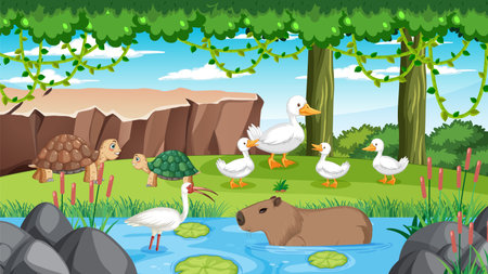 Forest scene with wild animals illustrationのイラスト素材