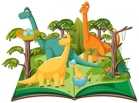Opened book with dinosaur in prehistoric forest illustrationのイラスト素材
