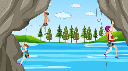 Outdoor scene with rock climber on cliff illustrationのイラスト素材