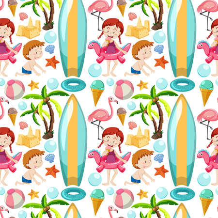 Children and summer objects seamless pattern illustrationのイラスト素材