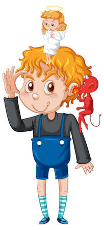 Cartoon character with devil and angel fighting in thought illustrationのイラスト素材