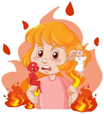Cartoon character with devil and angel fighting in thought illustrationのイラスト素材