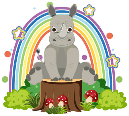 Cute rhinoceros on stump in flat cartoon style illustrationのイラスト素材