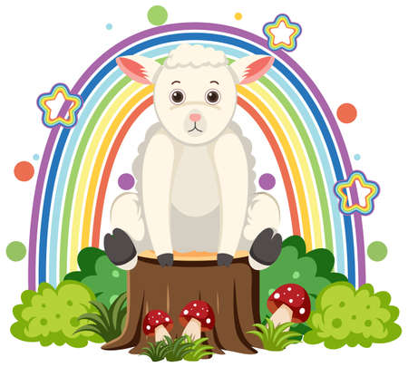 Cute sheep on stump in flat cartoon style illustrationのイラスト素材