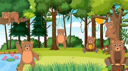 Grizzly bears in the forest scene illustrationのイラスト素材