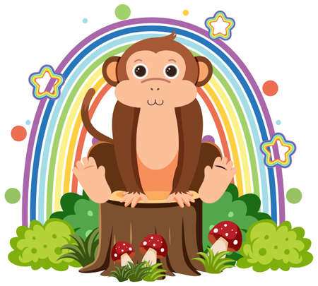 Cute monkey on stump in flat cartoon style illustrationのイラスト素材