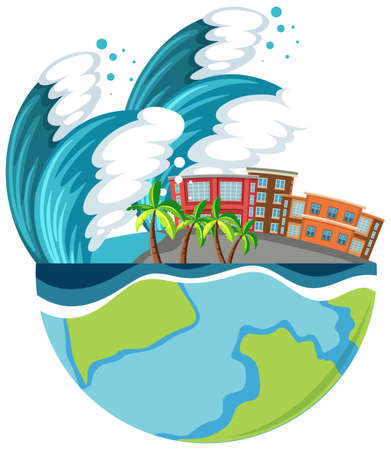 City destroyed by tsunami ocean wave illustrationのイラスト素材