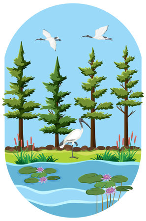 Trees by the river scene illustrationのイラスト素材