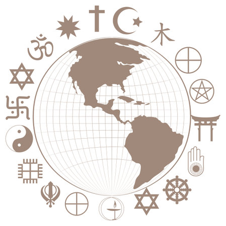 Religious symbols around earth planet illustrationのイラスト素材