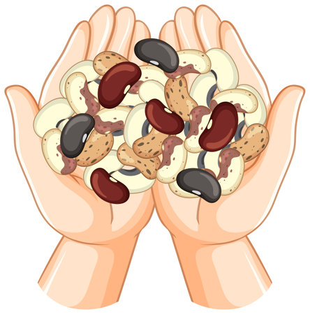 Human hand holding grain and nut illustration