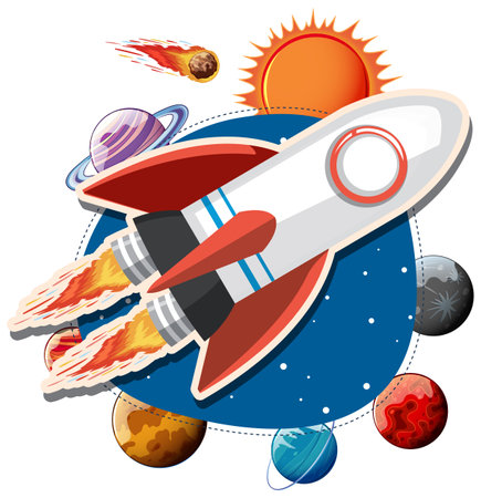 Rocketship with planets cartoon illustrationのイラスト素材
