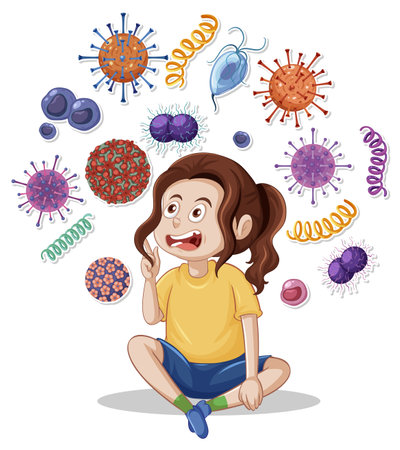 A girl surrounded by germs illustrationのイラスト素材