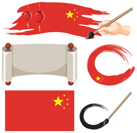 Chinese flag symbol with ink brush set illustrationのイラスト素材
