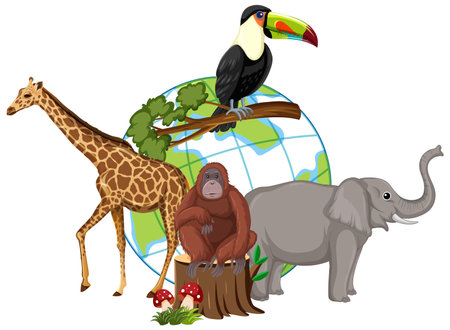 Animals standing on earth planet illustrationのイラスト素材