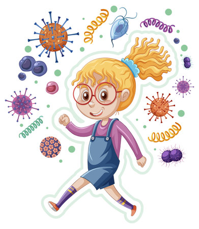 A girl surrounded by germs illustrationのイラスト素材