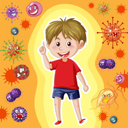 A boy surrounded by germs background illustrationのイラスト素材